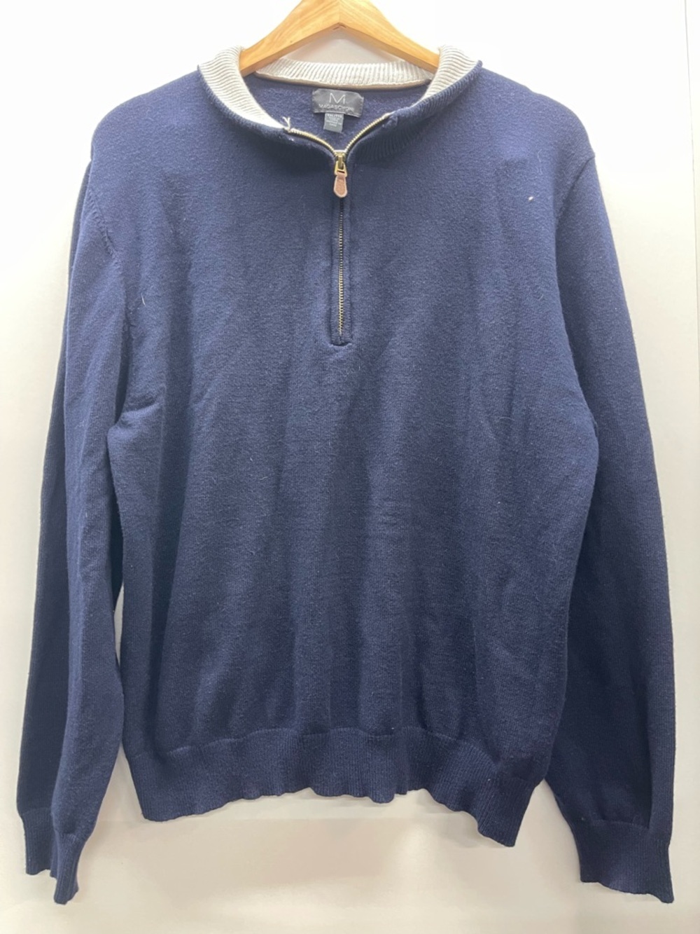 Magaschoni Navy Quarter-Zip Sweater with Contrast Light Collar‎